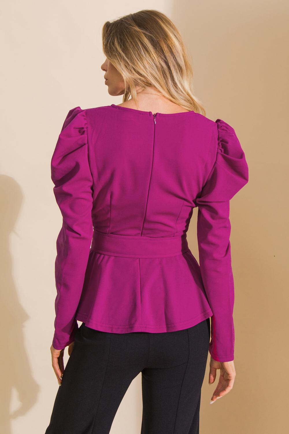 Stay with Me Woven Top Surplice Neckline Puff Sleeve Self Belt in 20mege, view 2013 — Soul Flow Apparel