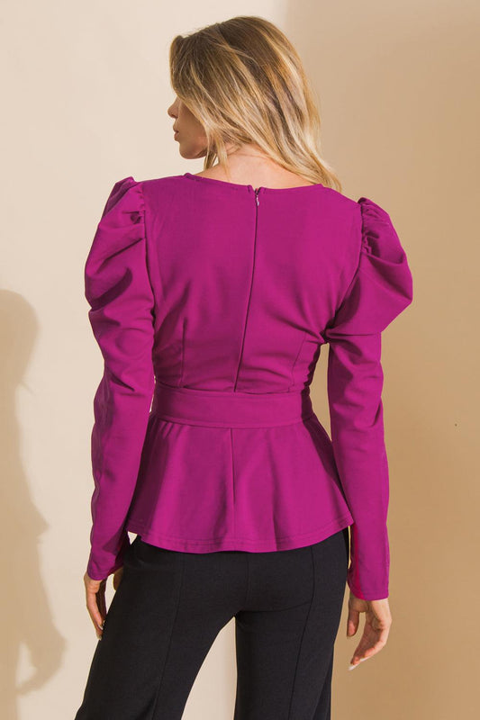 Stay with Me Woven Top Surplice Neckline Puff Sleeve Self Belt in 20mege, view 2013 — Soul Flow Apparel