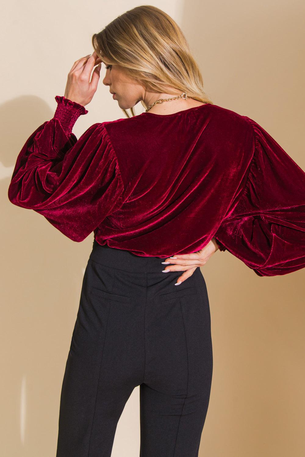 Like No Other Velvet Bodysuit with Surplice Neckline Mesh Bottom Snap Closure in 20bur, view 2021 — Soul Flow Apparel