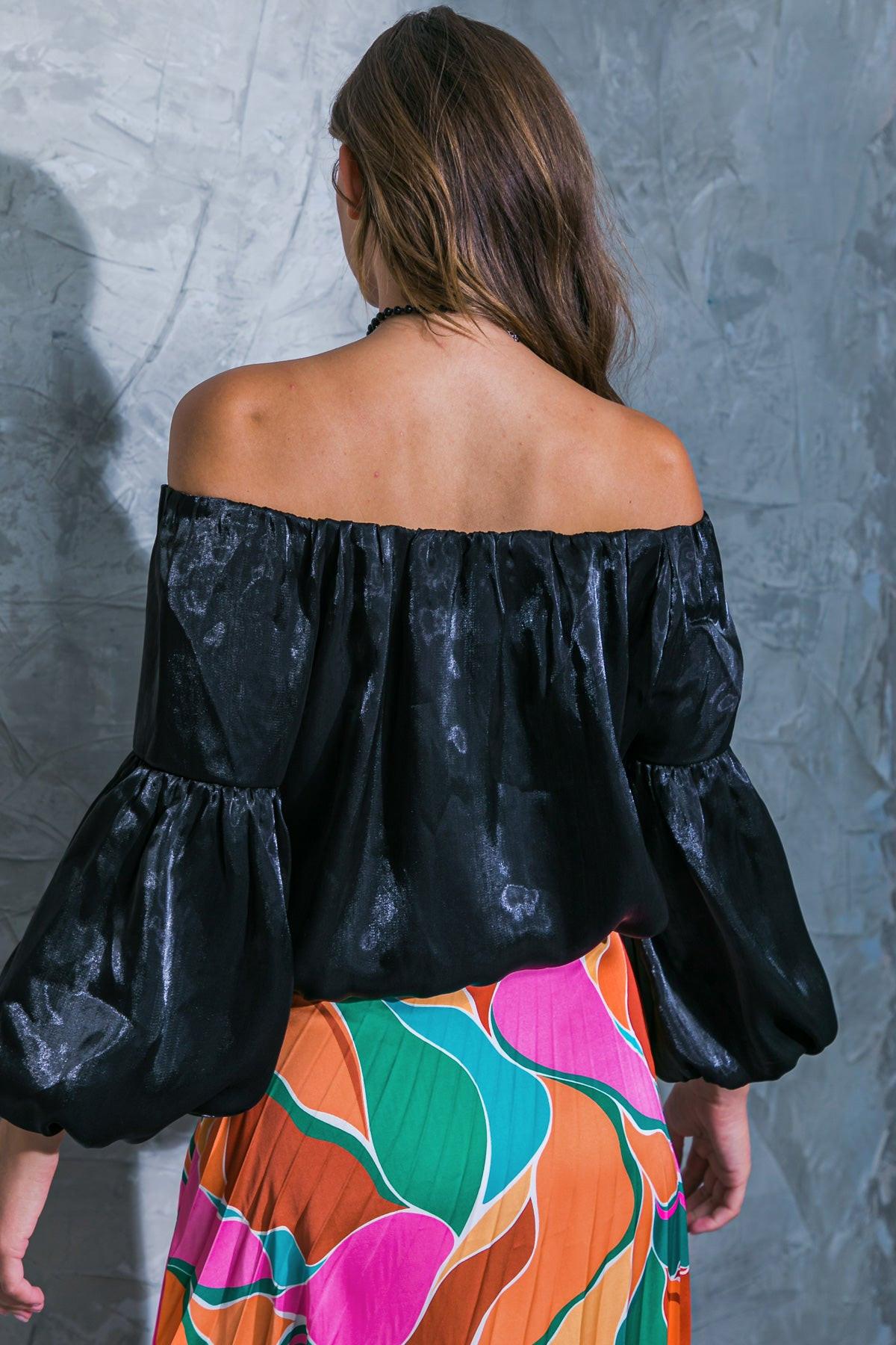 Simply Favored Woven Top Off on Neckline with Lantern Sleeves Elastic Waist in 20bla33 — Soul Flow Apparel
