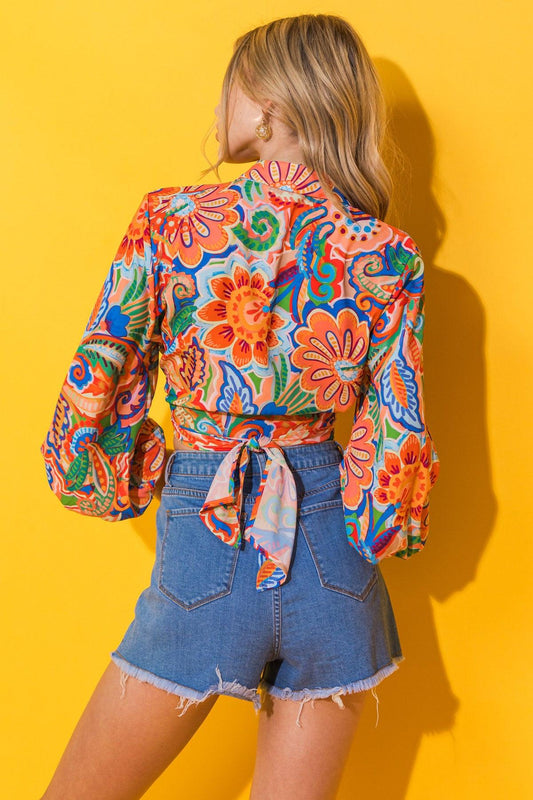 My Happy Place Printed Woven Top with Shirt Collar Front Tie in 20ora 20blu20 — Soul Flow Apparel