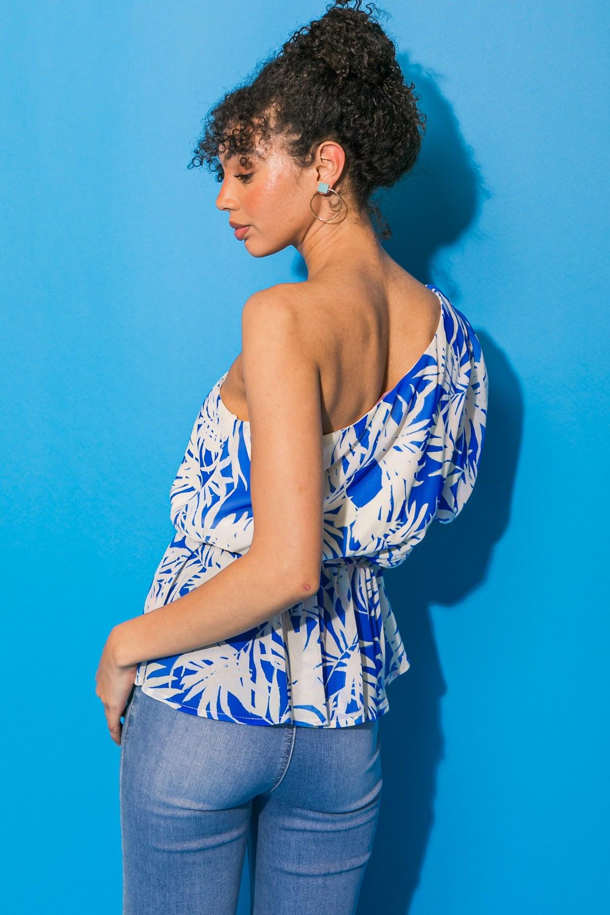 One Shoulder Woven Top with Peplum and Self Tie Waist in 20blue, view 2026 — Soul Flow Apparel