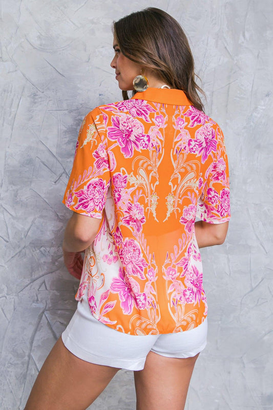 Flourishing Dreams Woven Top Printed Collared Button Down Short Sleeve in 20ora16, view 1 — Soul Flow Apparel