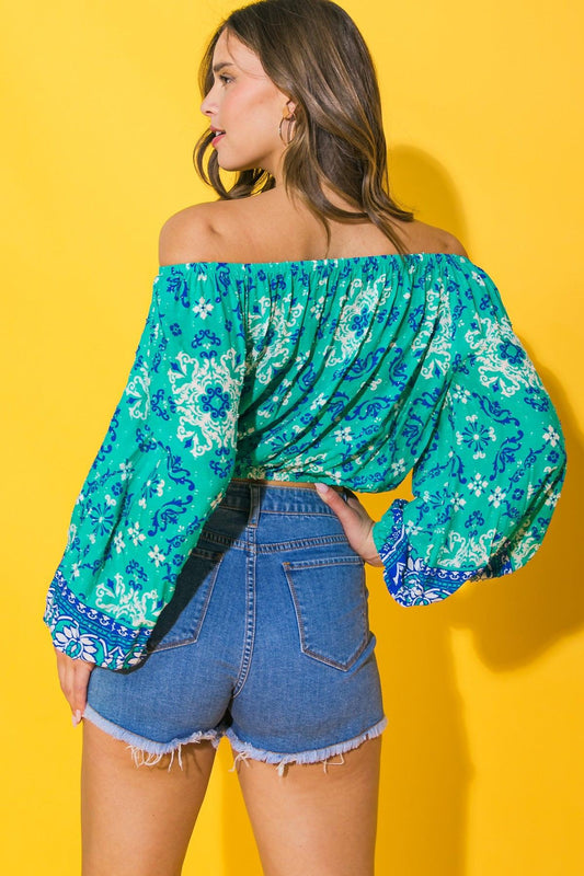 Send My Love Woven Top Off Shoulder Printed Peasant Sleeve Elastic Waist in 20jade, view 2021 — Soul Flow Apparel