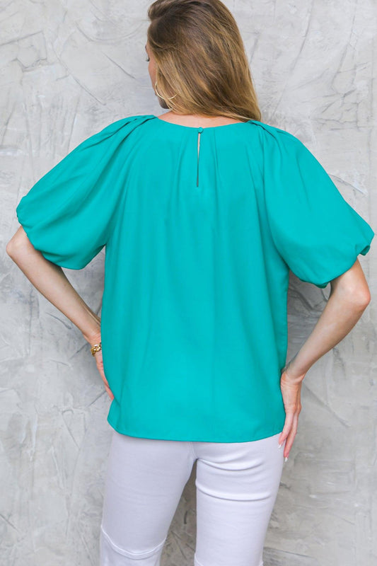Loved Always Woven Top with Pleated Round Neck and Puff Sleeves in 20tur30 — Soul Flow Apparel