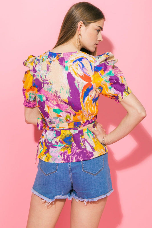 Nothing to Lose Poplin Wrap Top with Puff Sleeves and Peplum in 20pur 20or28 — Soul Flow Apparel