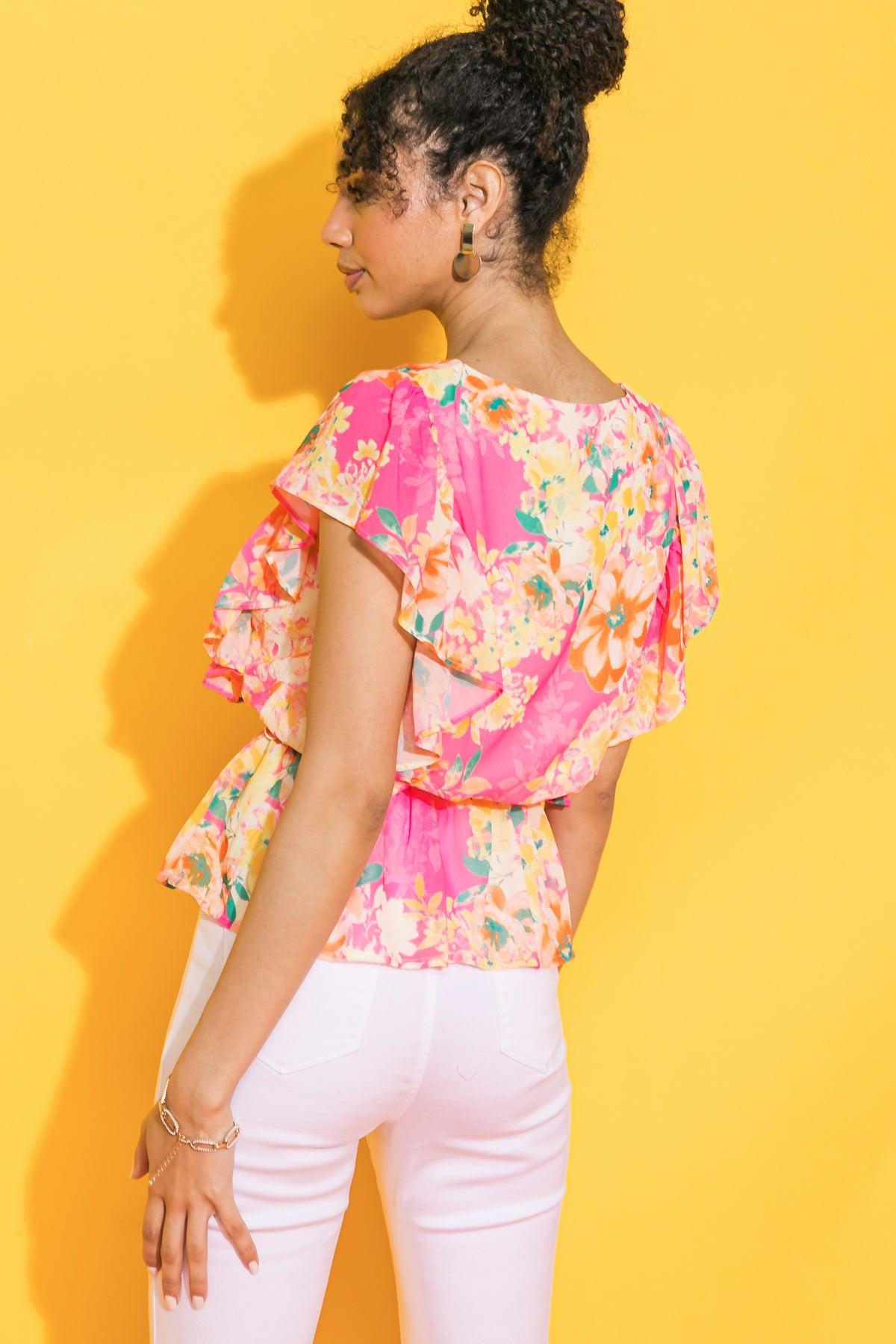 Faded View Woven Top with Surplice Neckline and Peplum Flare in 20pin16 — Soul Flow Apparel