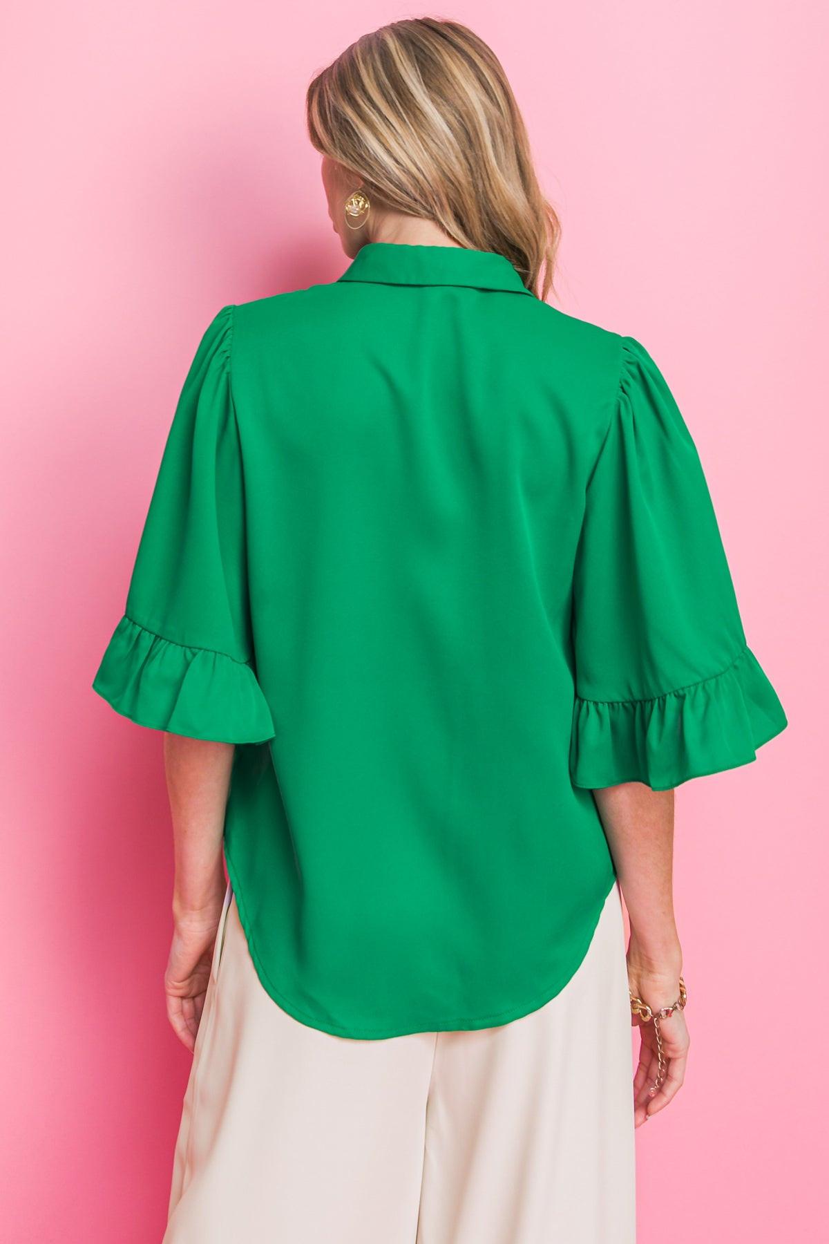 Back to Business Woven Top Shirt Collar Bell Sleeve Blouse for Work in 20gre19 — Soul Flow Apparel