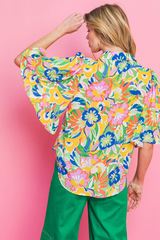 Ready to Get Away Woven Top with Short Sleeves and Ruffle Hem Polyester in 20gre 20blu16 — Soul Flow Apparel