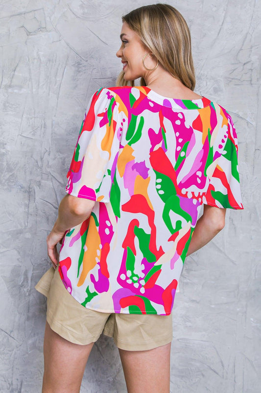 Stylish Summer Woven Top Round Neck with V Front Flutter Sleeves Polyester in 20ivo 20fuc2 — Soul Flow Apparel