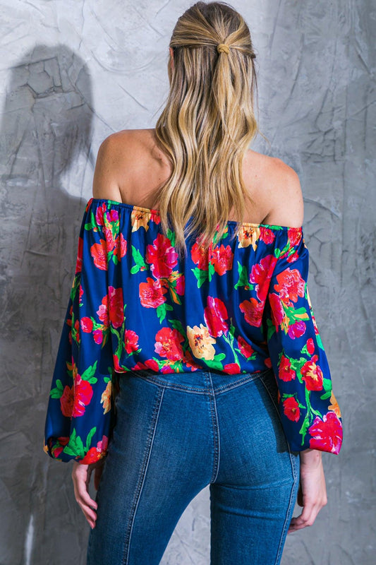 Unforgettable Muse Woven Top Off Shoulder Printed Long Sleeve Elasticized Waist in 20nav31 — Soul Flow Apparel