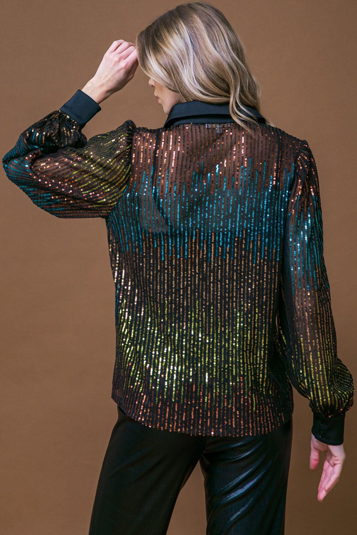 Cause a Commotion Sequin Blouse with Shirt Collar and Button Front in 20mag 20gol56 — Soul Flow Apparel