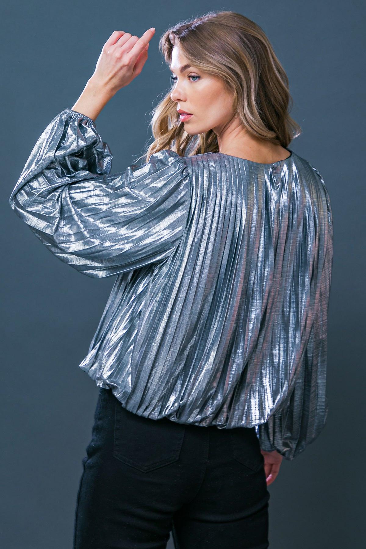 Key It Down Fully Pleated Woven Foiled Top with Round Neckline and Elastic Waist in 20sil51 — Soul Flow Apparel
