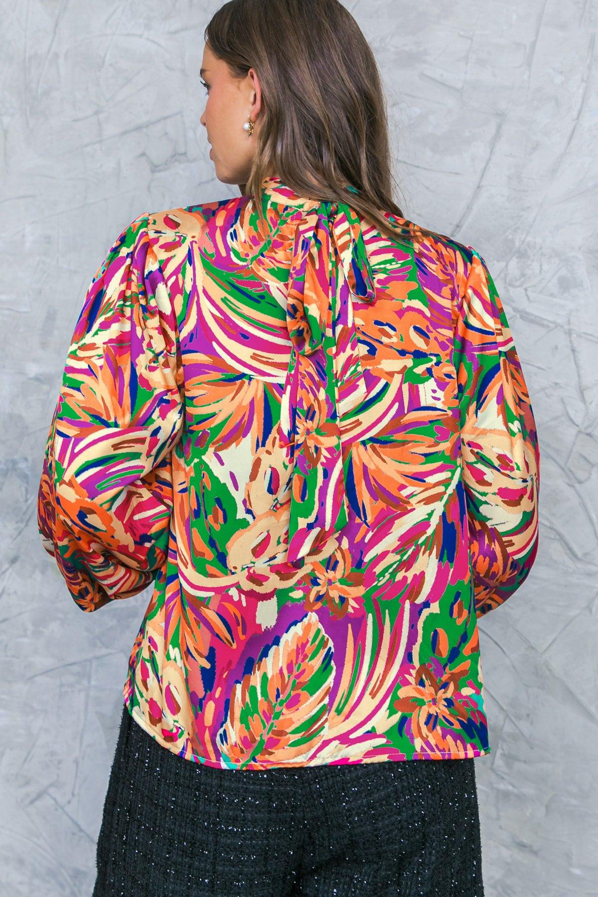 Adoring Devotion Woven Top with High Neck Long Sleeves and Tie Back Print in 20gre 20fuc29 — Soul Flow Apparel