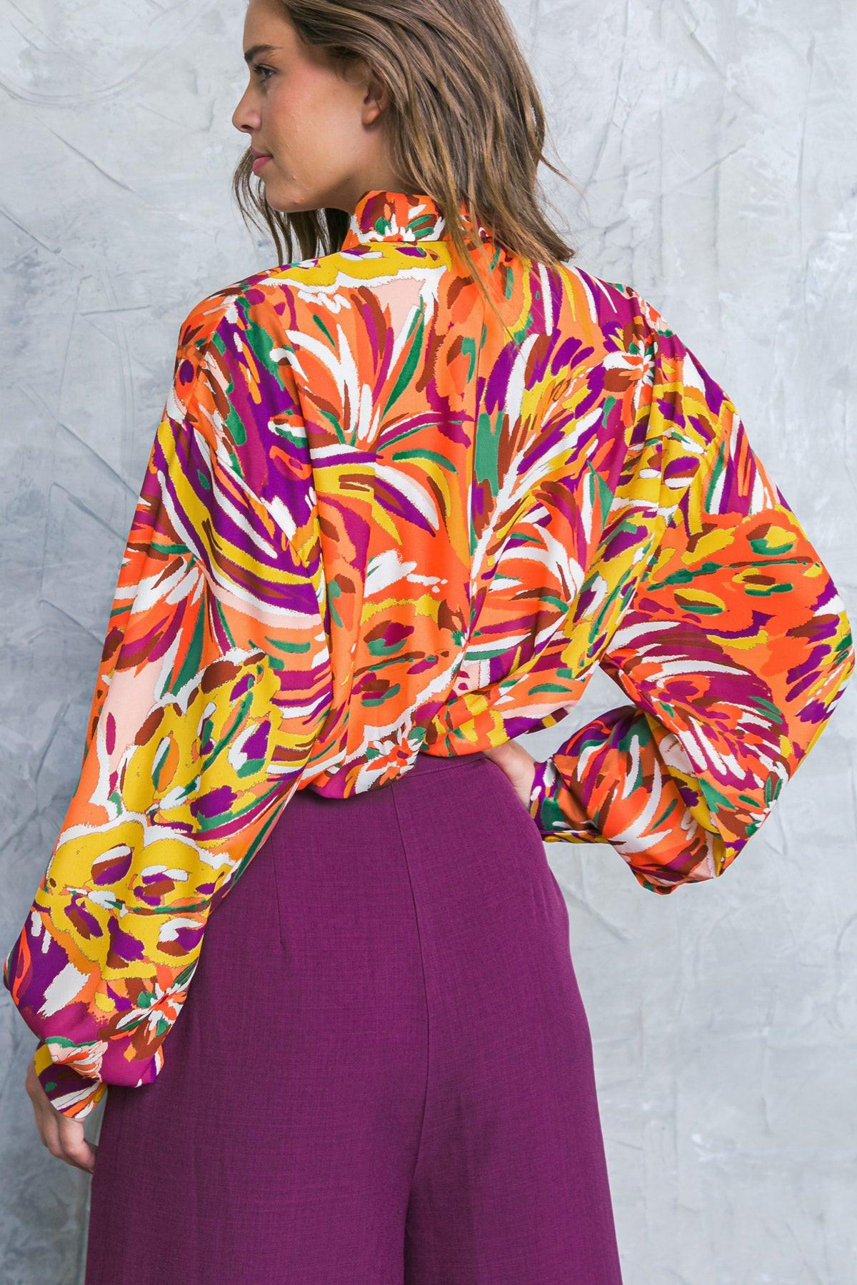 Famous Behavior Printed Woven Top with Shirt Collar and Long Sleeves in 20rus38 — Soul Flow Apparel
