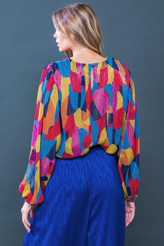 Feeling Delightful Printed Crinkled Woven Top with Round Neck and Long Sleeves in 20nav 20gol45 — Soul Flow Apparel