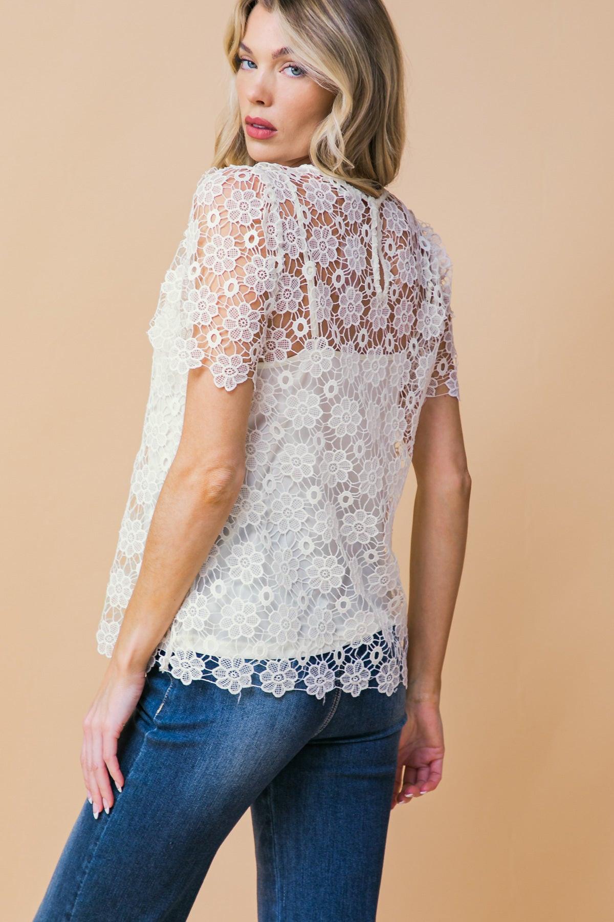Melt My Heart Lace Top Round Neck Short Sleeves Back Neck Button Closure in 20cre10 — Soul Flow Apparel
