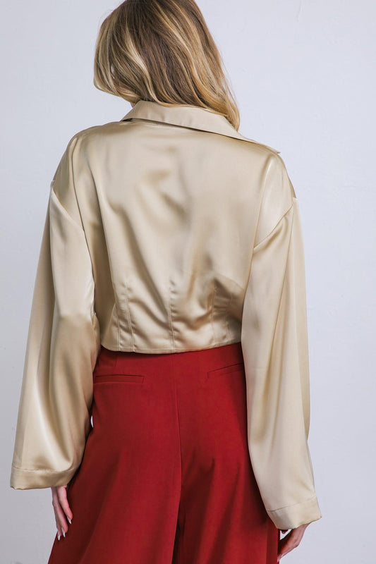 Powerful Charm Satin Top With Front Twist And Long Sleeve V Neck