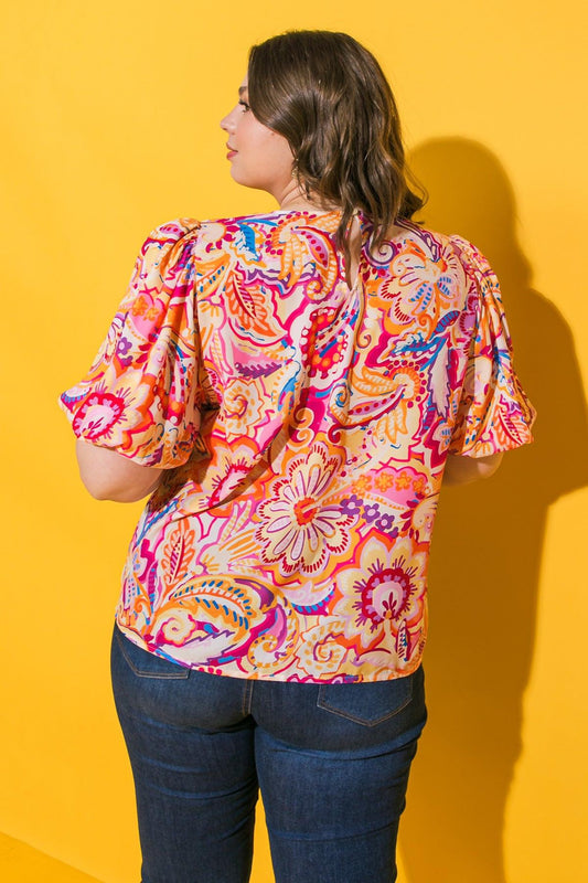 Ready to Run Printed Woven Top with Round Neckline and Puff Sleeves in 20ora 20pin26 — Soul Flow Apparel