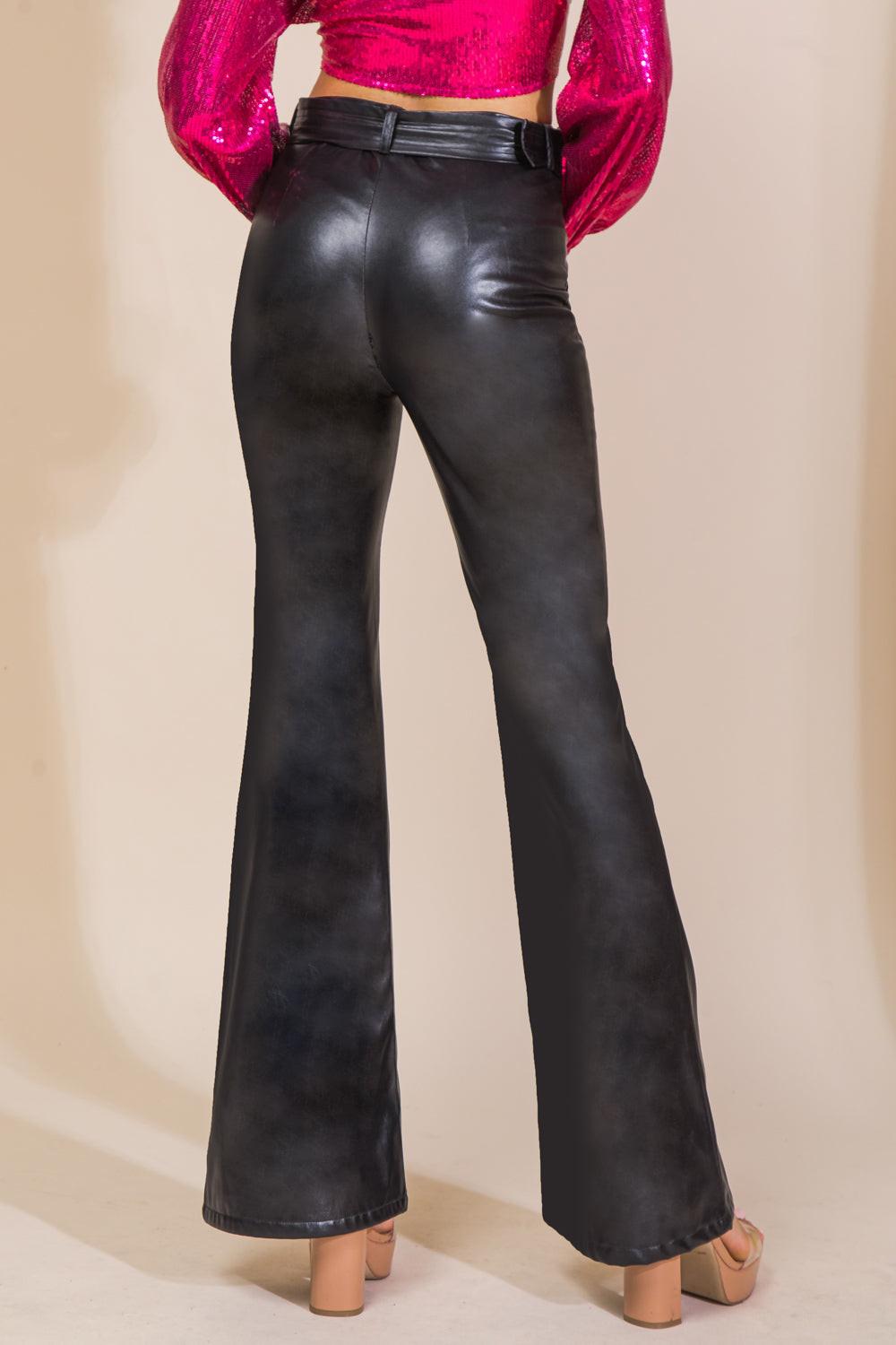 Hope You Know Faux Leather Pants with Flared Leg and Self Belt in 20blk, view 2013 — Soul Flow Apparel