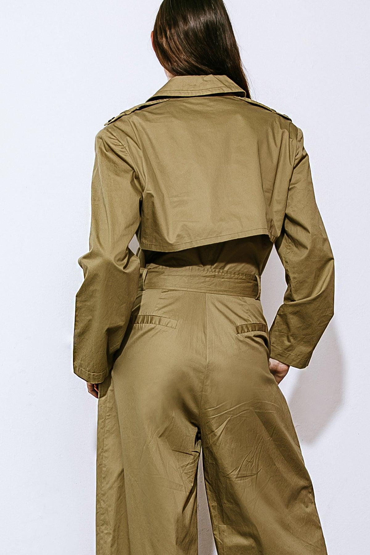 Sounds in My Mind Woven Jumpsuit with Trench Coat Top Long Sleeve Wide Leg — Soul Flow Apparel
