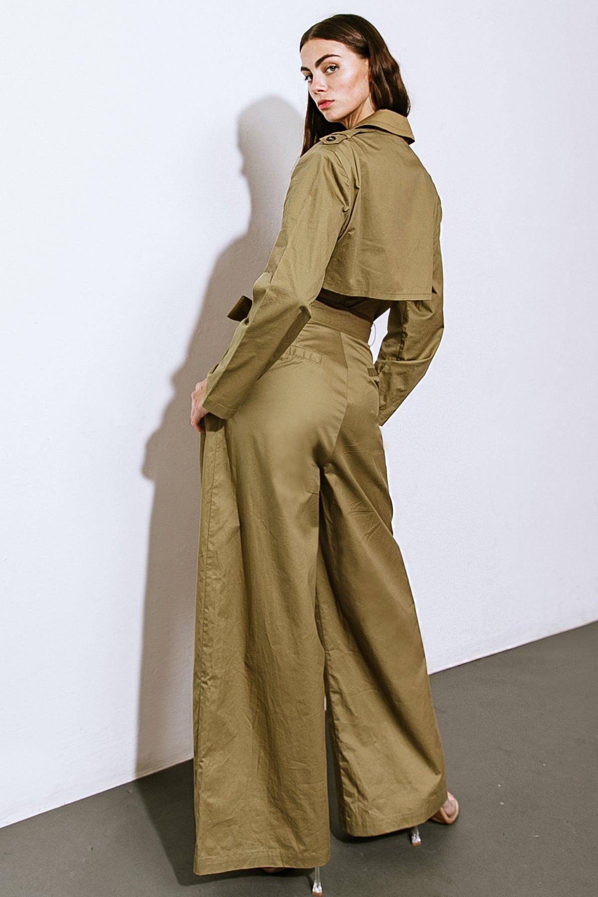 Sounds in My Mind Woven Jumpsuit with Trench Coat Top Long Sleeve Wide Leg — Soul Flow Apparel