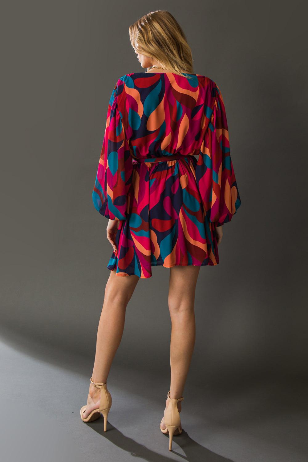 Boston Getaway Woven Mini Dress Surplice Neckline Elasticized Waist Self Tie — Soul Flow Apparel
