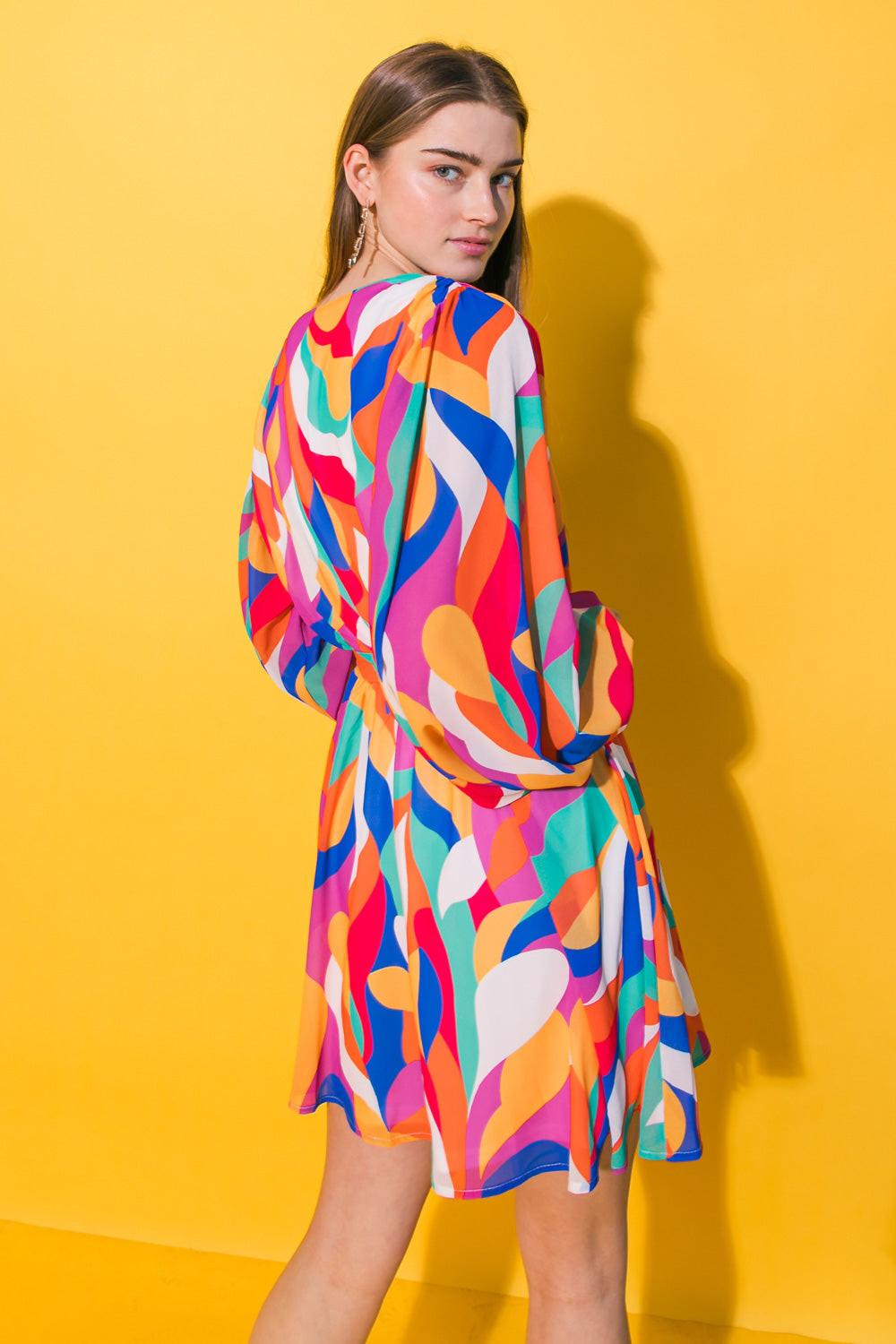 Boston Getaway Woven Mini Dress Surplice Neckline Elasticized Waist Self Tie — Soul Flow Apparel
