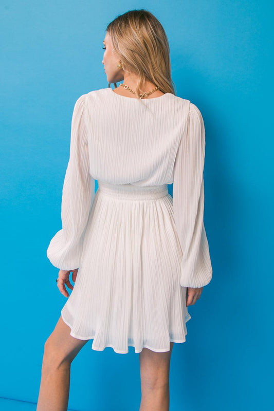 Day in the City Woven Mini Dress with V Neck Long Sleeve and Smocked Waist — Soul Flow Apparel