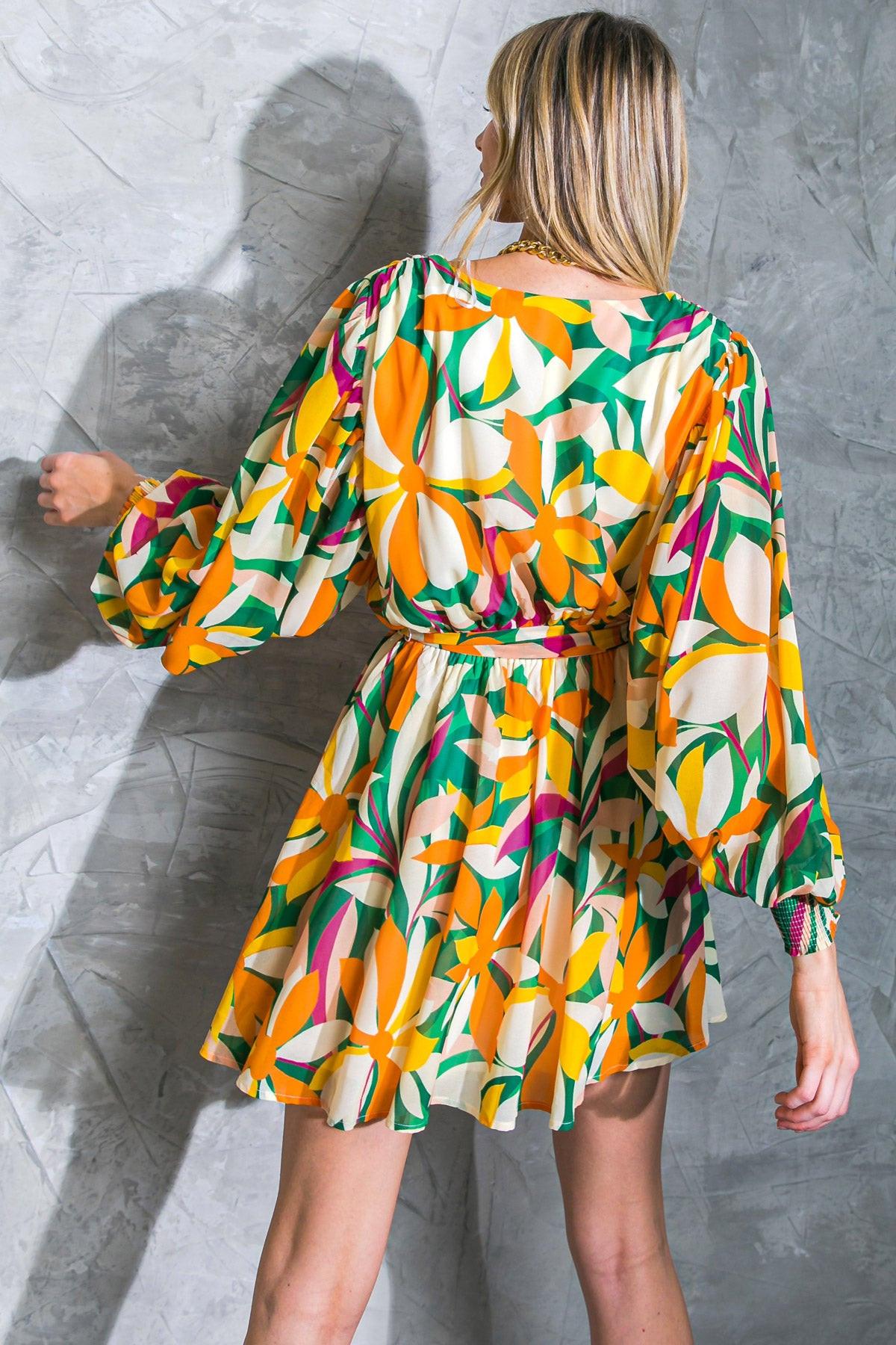 Daring Heart Printed Woven Mini Dress with Surplice Neckline and Ruffled Hem — Soul Flow Apparel