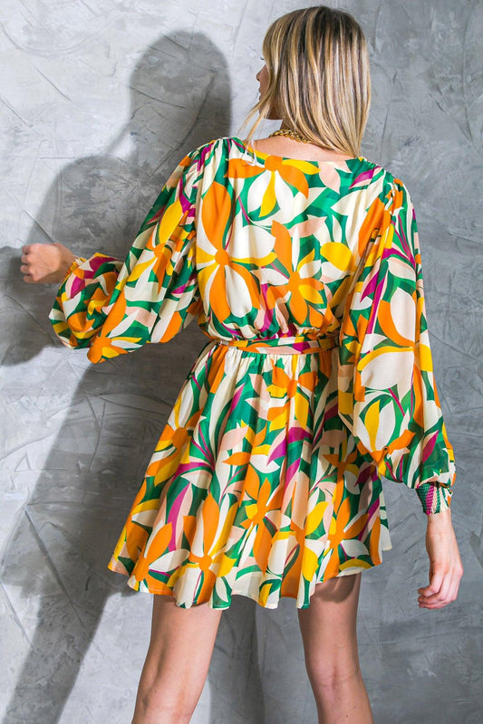 Daring Heart Printed Woven Mini Dress with Surplice Neckline and Ruffled Hem — Soul Flow Apparel