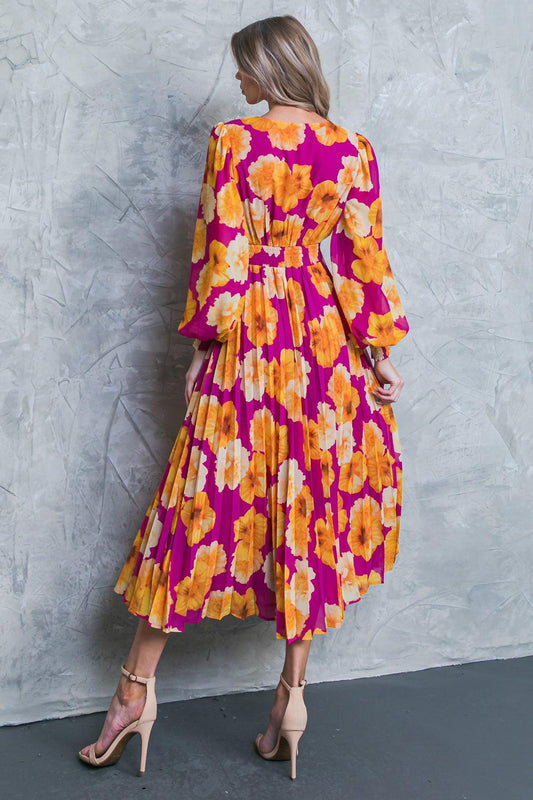 Floral Woven Midi Dress with V Neckline and Smocked Details — Soul Flow Apparel