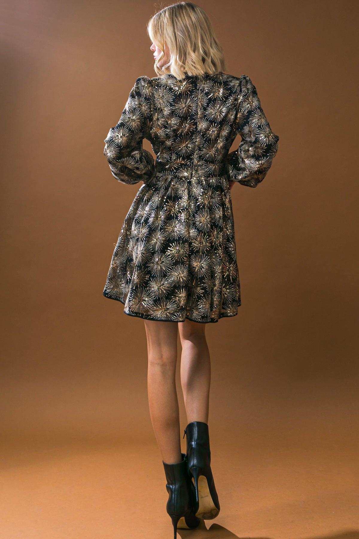 Sequined Mini Dress with Surplice Neckline and Puff Sleeves — Soul Flow Apparel