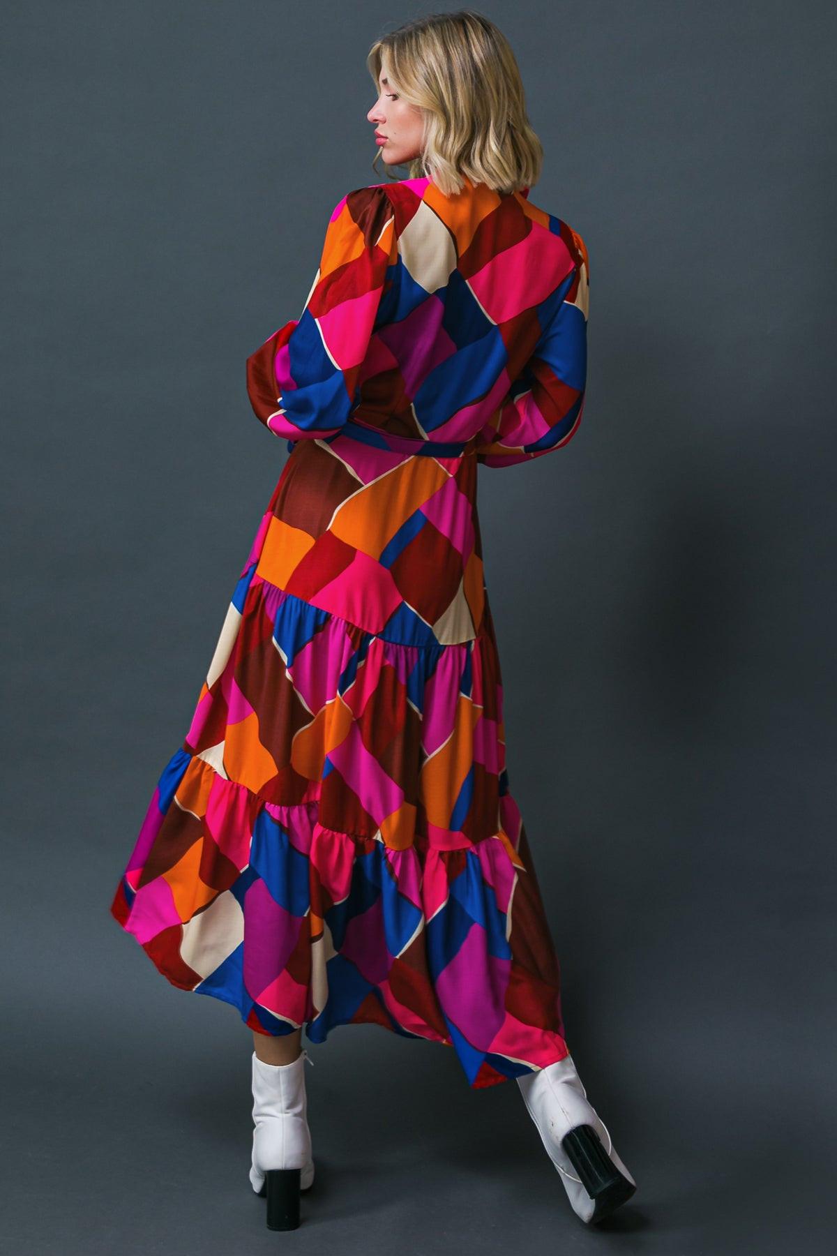 Wise Woman Printed Woven Midi Dress with Shirt Collar and Tiered Skirt — Soul Flow Apparel