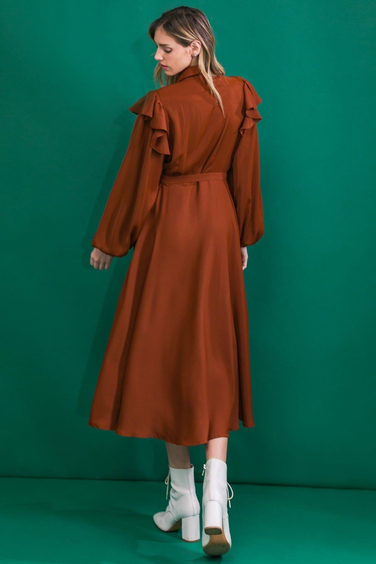Brown Woven Midi Dress with Shirt Collar Self Belt and Ruffled Shoulders — Soul Flow Apparel
