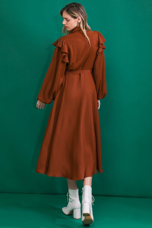 Brown Woven Midi Dress with Shirt Collar Self Belt and Ruffled Shoulders — Soul Flow Apparel