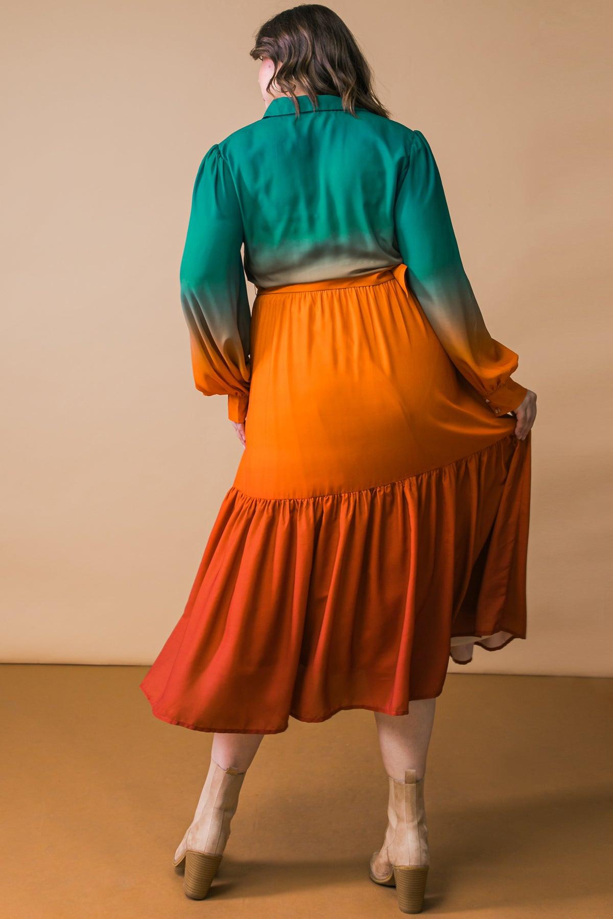 Show Stopper Woven Midi Dress With Shirt Collar Button Down Long Sleeves