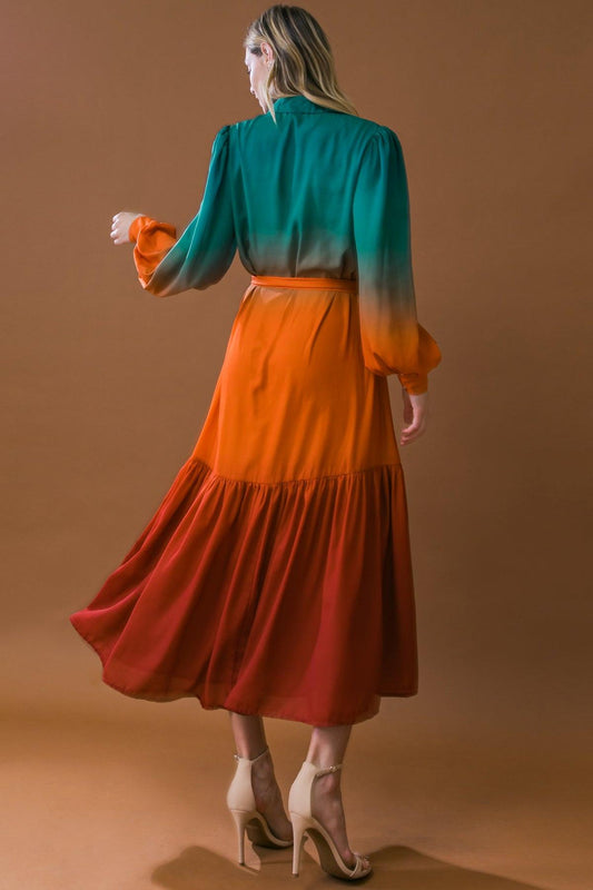 Show Stopper Woven Midi Dress With Shirt Collar Button Down Long Sleeves