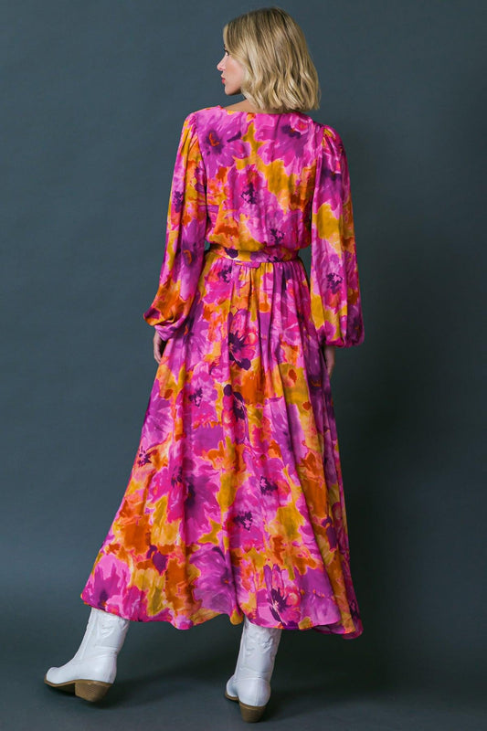 Just Watch Me Printed Woven Midi Dress with Surplice Neckline and Puff Sleeves — Soul Flow Apparel