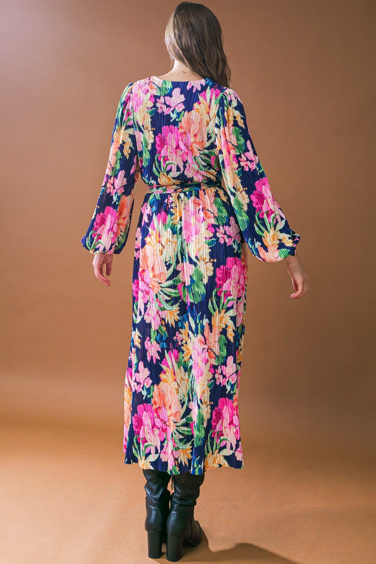 Breathtaking Moment Printed Plisse Midi Dress Surplice Neckline Long Sleeve — Soul Flow Apparel