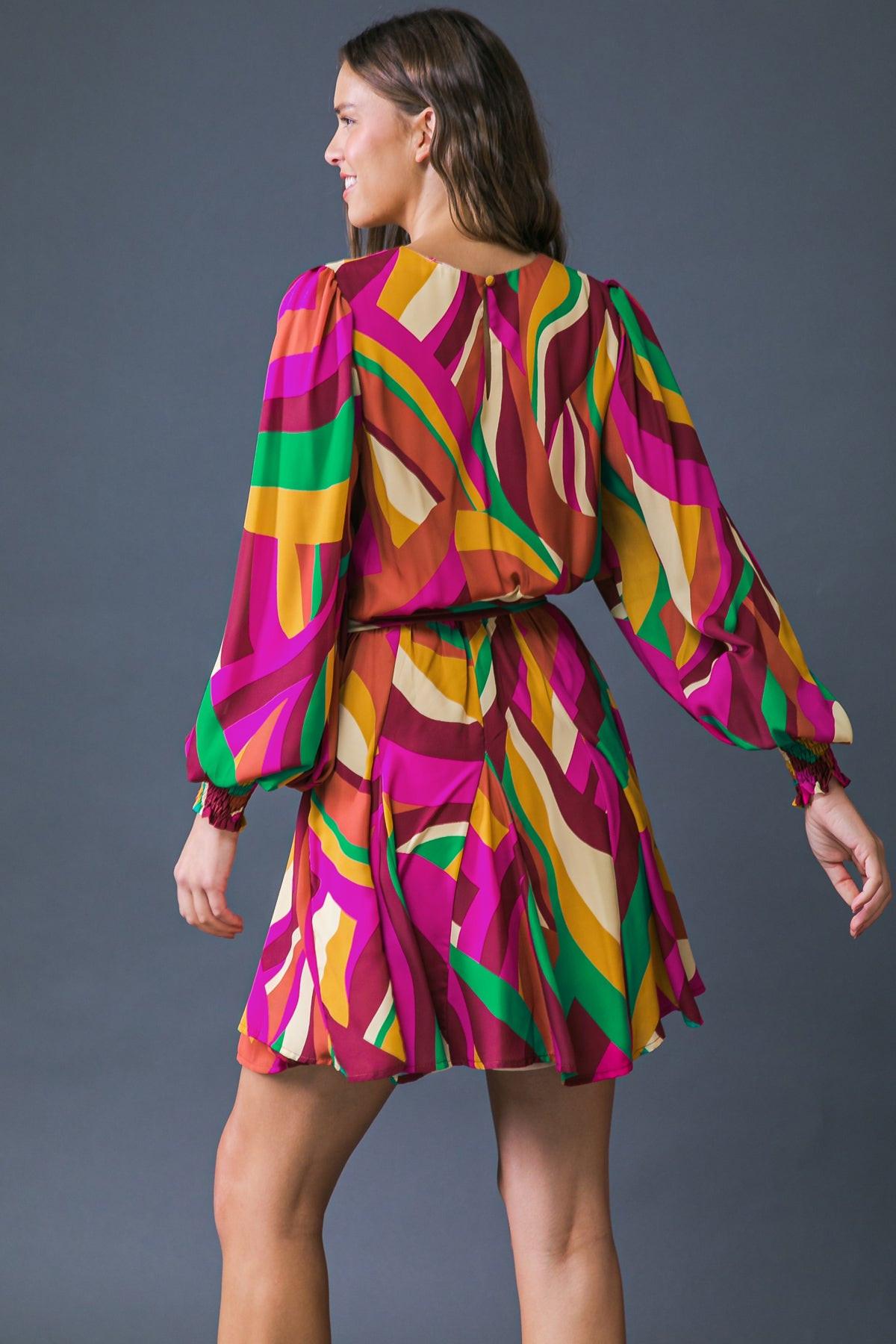 Keep on Moving Printed Woven Mini Dress with Elasticized Waist Self Sash Tie — Soul Flow Apparel