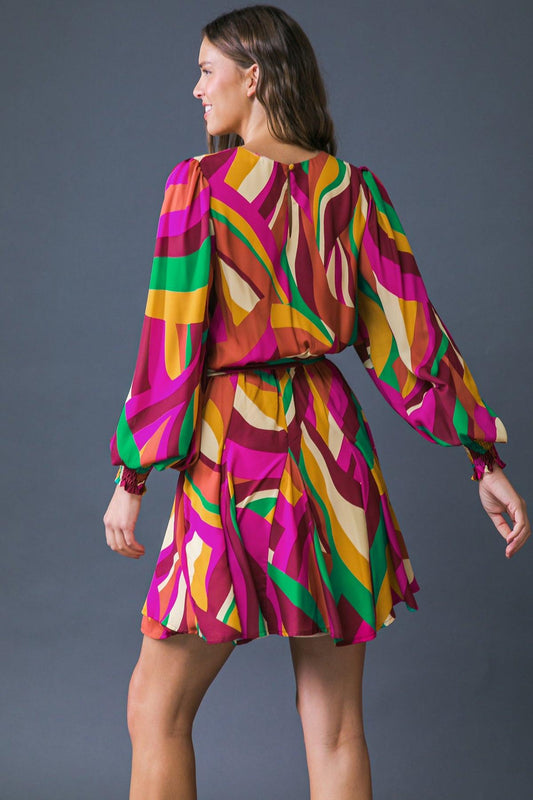 Keep on Moving Printed Woven Mini Dress with Elasticized Waist Self Sash Tie — Soul Flow Apparel