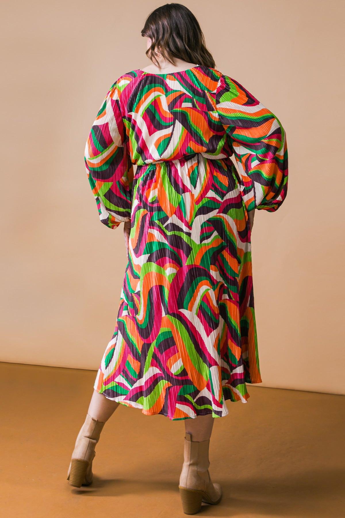 Printed Plisse Midi Dress With Surplice Neckline Long Sleeve And Self Tie