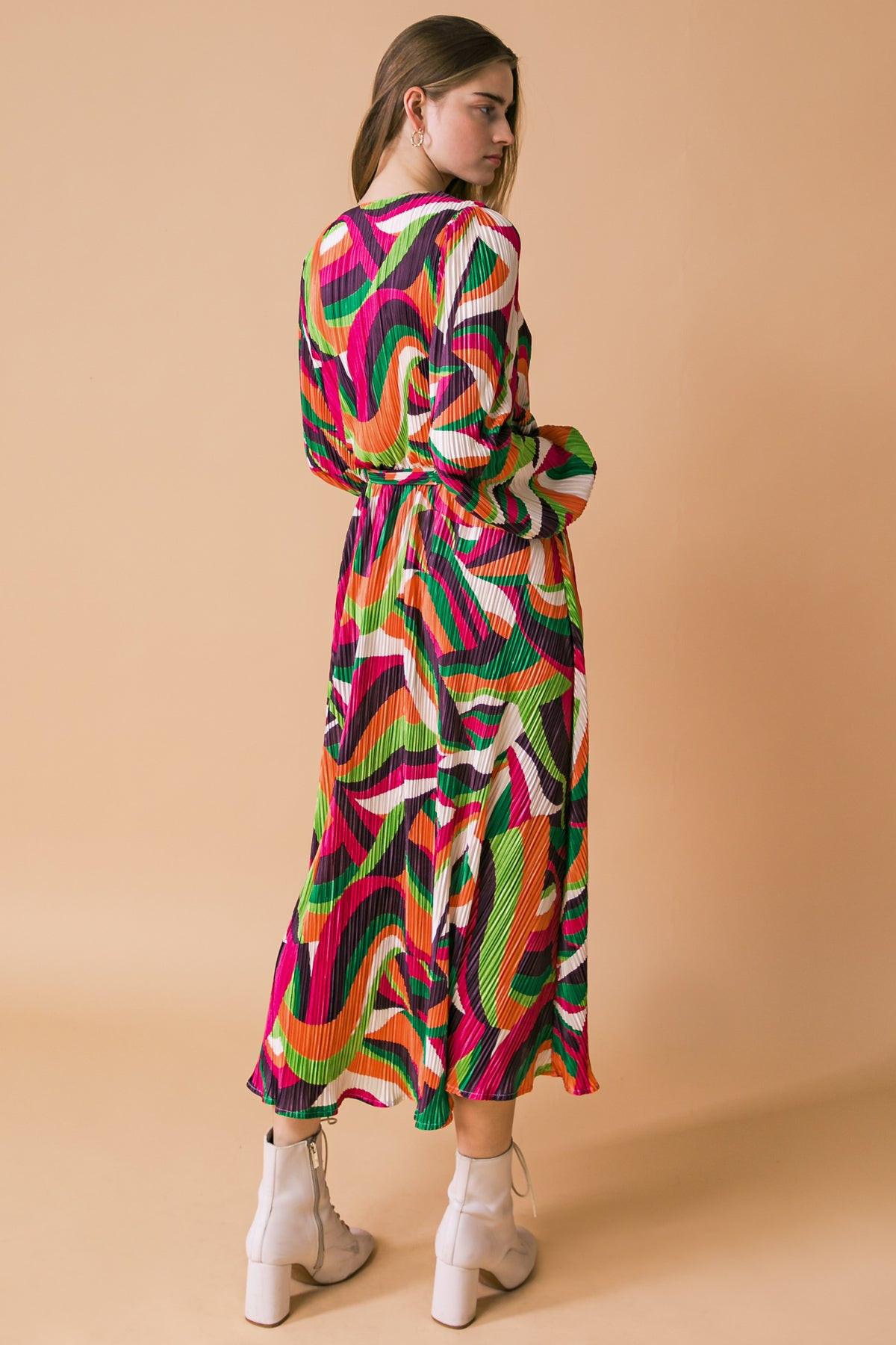 Printed Plisse Midi Dress With Surplice Neckline Long Sleeve And Self Tie