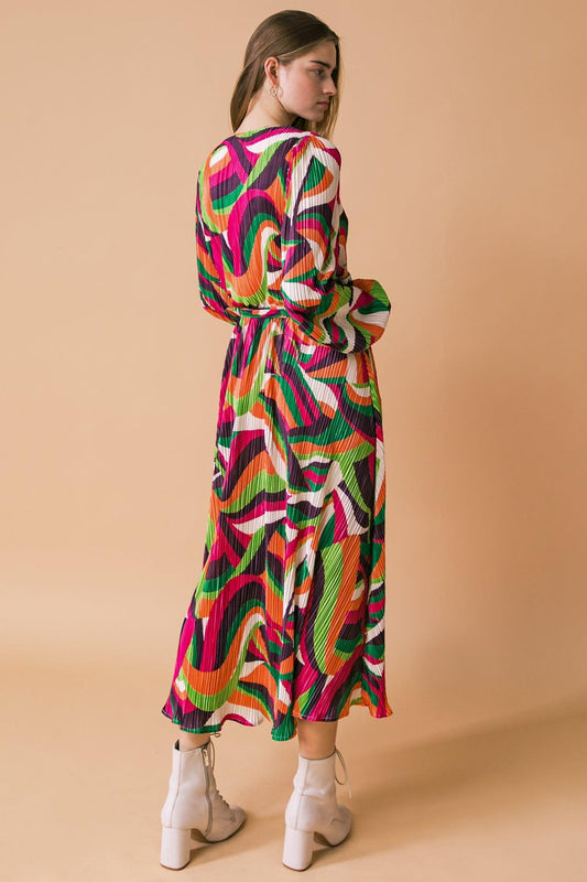 Printed Plisse Midi Dress With Surplice Neckline Long Sleeve And Self Tie
