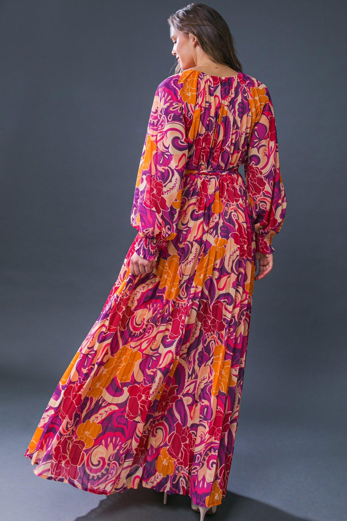 Changing Locations Printed Woven Maxi Dress Round Neckline Smocked Cuff Sleeves — Soul Flow Apparel