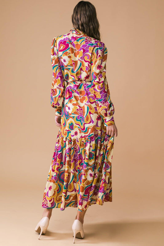 Printed Woven Midi Dress with Shirt Collar and Long Sleeves — Soul Flow Apparel