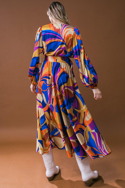 Bold Adventures Woven Satin Midi Dress with Surplice Neckline and Puff Sleeves — Soul Flow Apparel