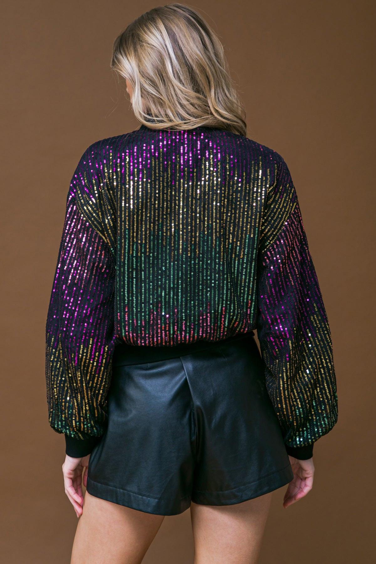 Entertain Me Sequins Bomber Jacket with Ribbed Collar and Zipper — Soul Flow Apparel