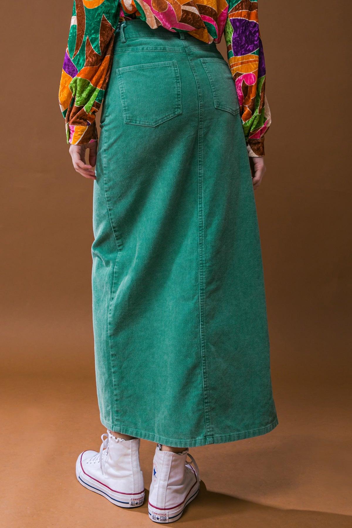 Corduroy Midi Skirt with Front Slit Front Closure and Pockets Classic Wash — Soul Flow Apparel